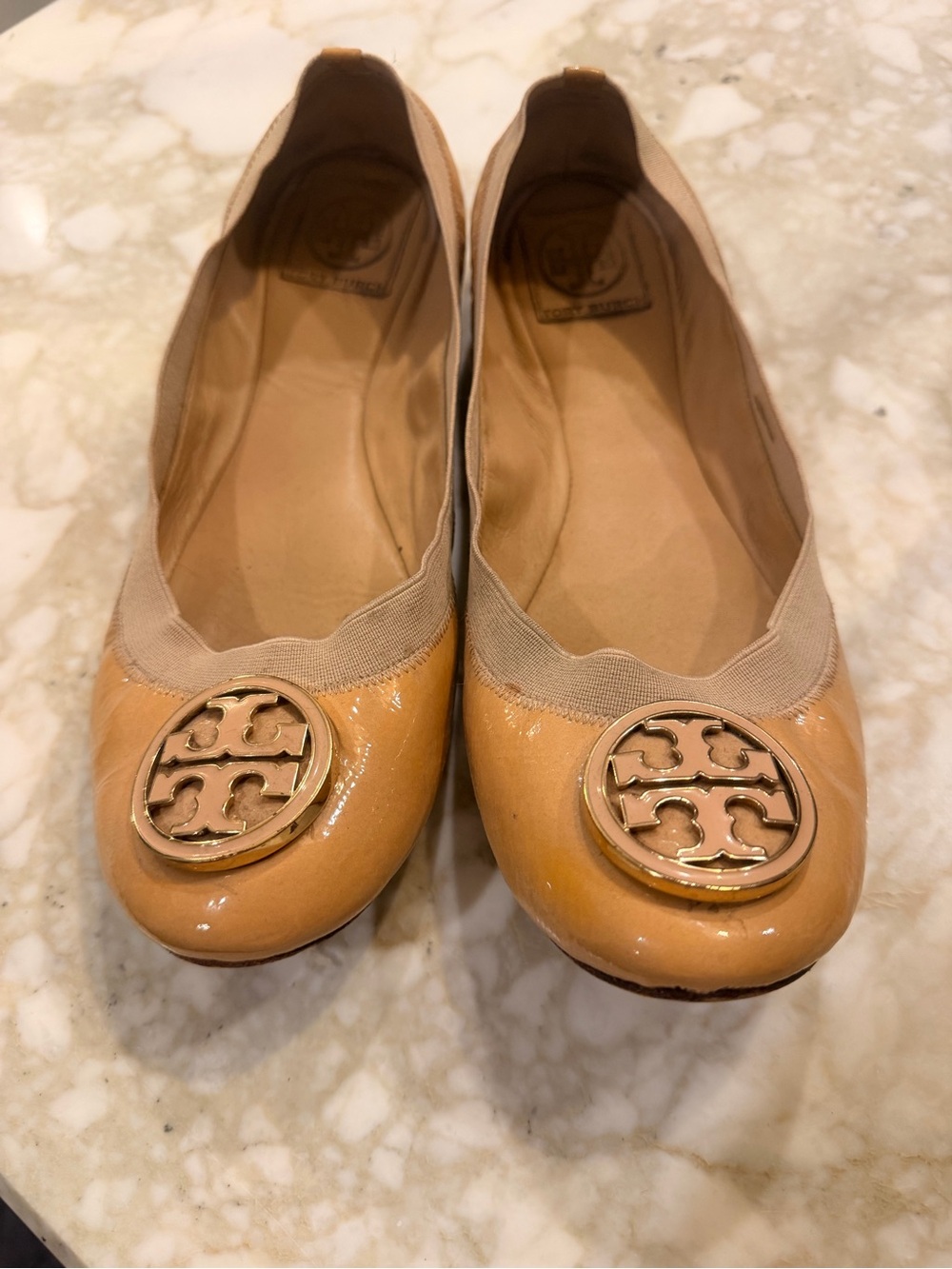 Tory Burch Tan Patent Leather Logo Ballet Flats